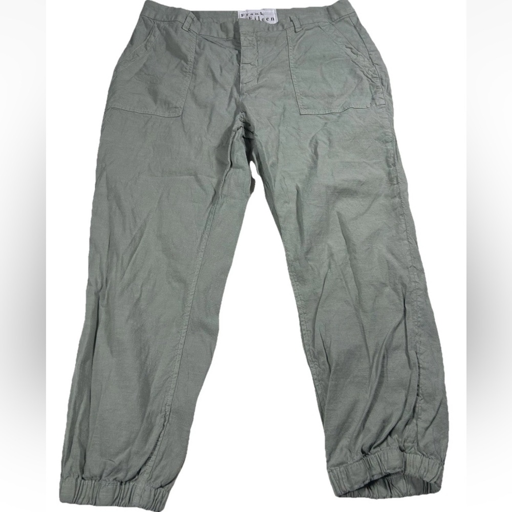 Frank & Eileen Jamison Green Jogger Pants Elastic Cuff Flax linen Cotton Size 12